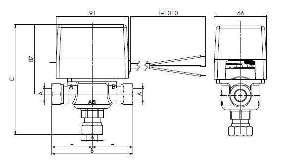 MUT 22mm 3 Port Mid position motorised valve